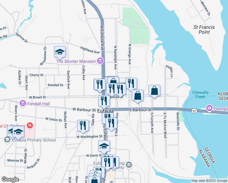 map of restaurants, bars, coffee shops, grocery stores, and more near 139 East Broad Street in Eufaula