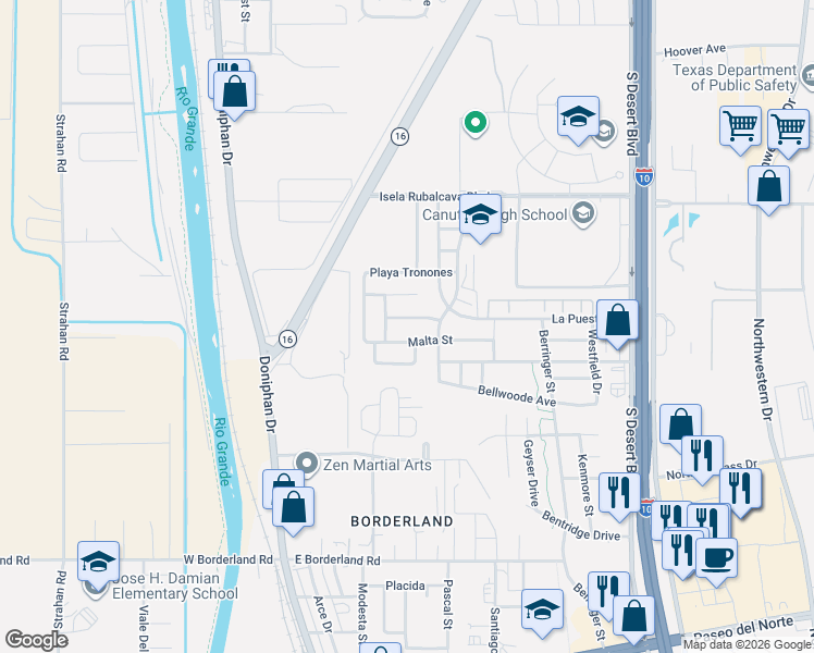 map of restaurants, bars, coffee shops, grocery stores, and more near 272 Jennice Circle in El Paso
