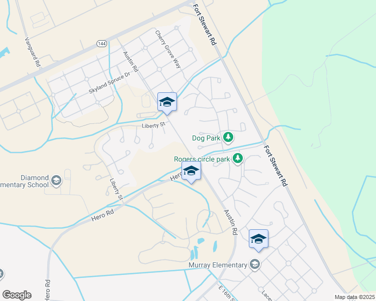 map of restaurants, bars, coffee shops, grocery stores, and more near Austin Road in Fort Stewart