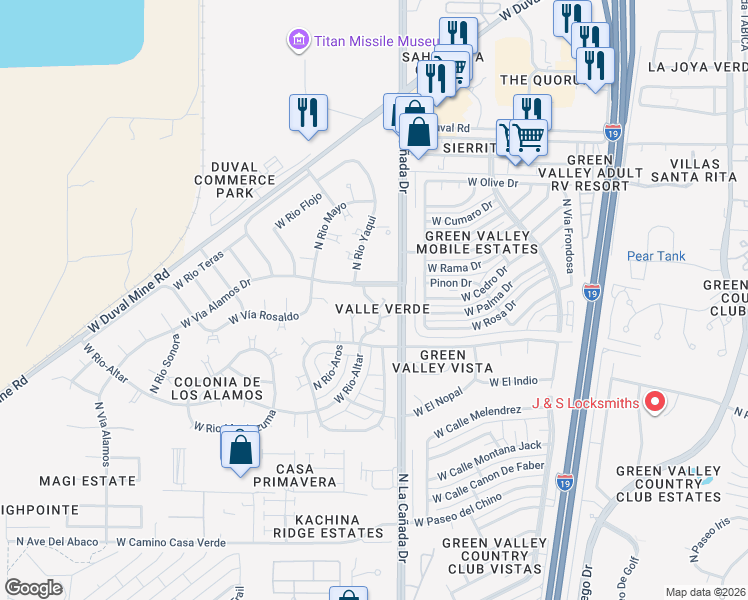 map of restaurants, bars, coffee shops, grocery stores, and more near 1576 North Pso La Tinaja in Green Valley