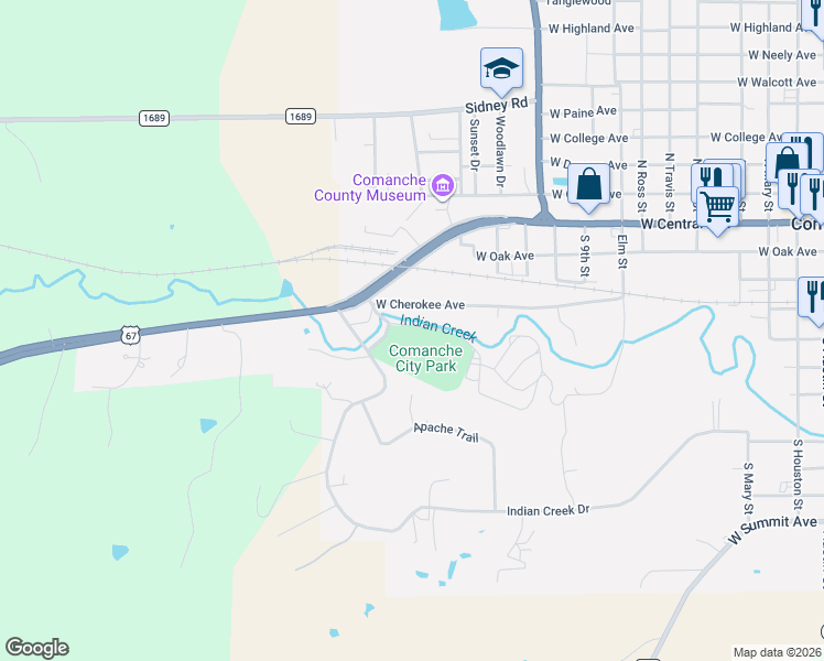 map of restaurants, bars, coffee shops, grocery stores, and more near 1300 West Cherokee Avenue in Comanche