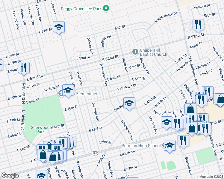 map of restaurants, bars, coffee shops, grocery stores, and more near 1605 Petroleum Drive in Odessa