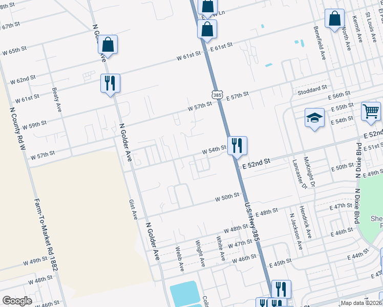 map of restaurants, bars, coffee shops, grocery stores, and more near 200-298 West 54th Street in Odessa