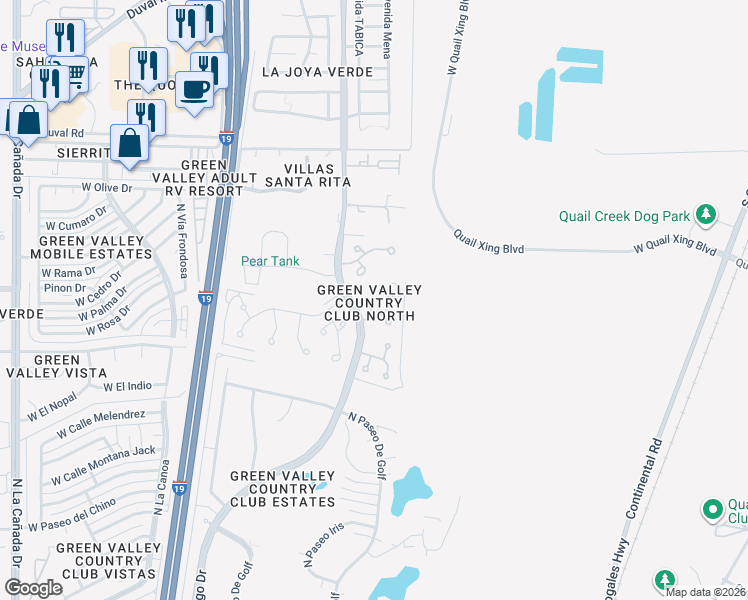 map of restaurants, bars, coffee shops, grocery stores, and more near 357 East Paseo Azul in Green Valley