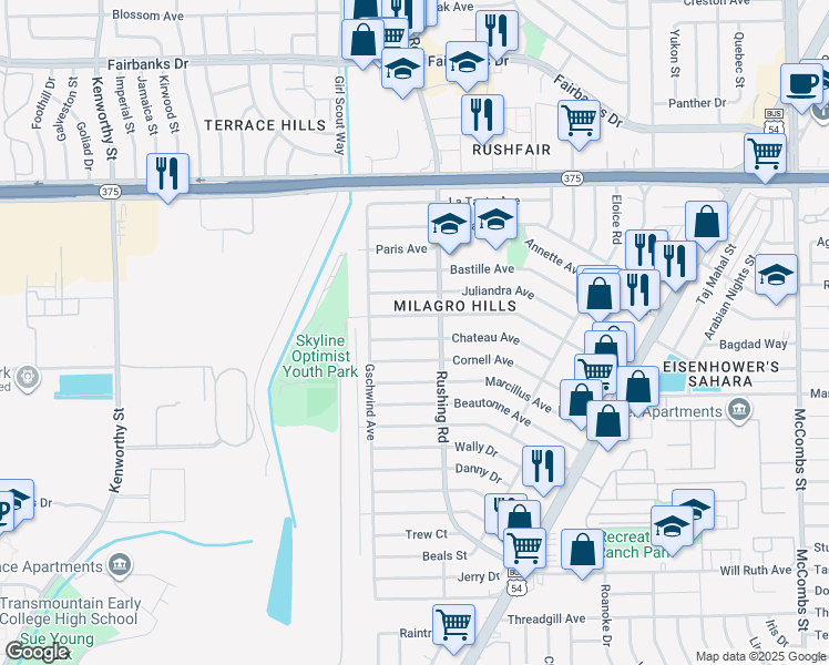 map of restaurants, bars, coffee shops, grocery stores, and more near 5125 Chateau Avenue in El Paso