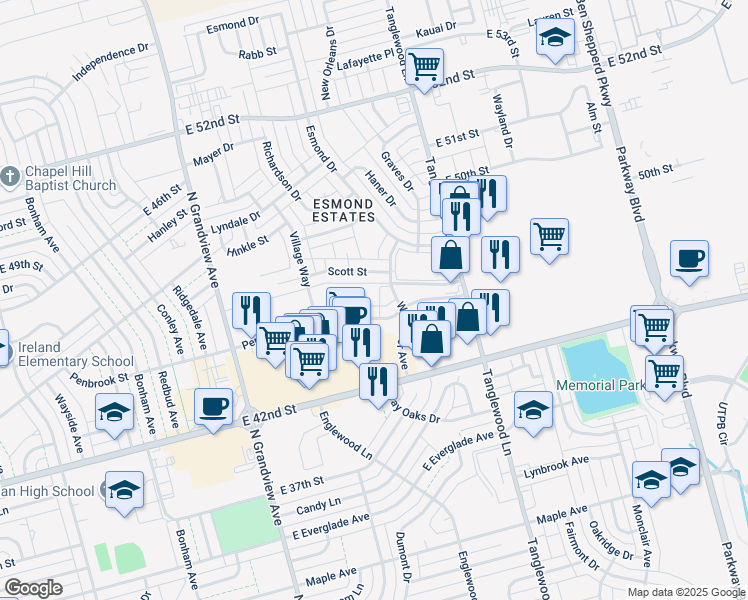 map of restaurants, bars, coffee shops, grocery stores, and more near 3965 Penbrook Street in Odessa