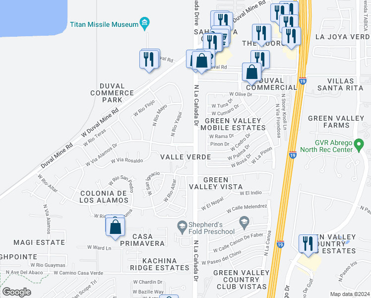 map of restaurants, bars, coffee shops, grocery stores, and more near 1580 North Pso La Tinaja in Green Valley