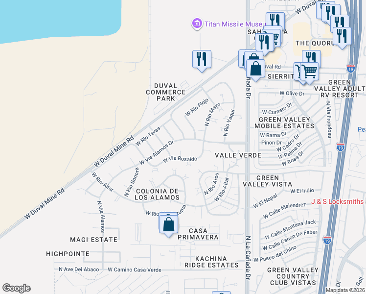 map of restaurants, bars, coffee shops, grocery stores, and more near 541 West Via Alamos Drive in Green Valley