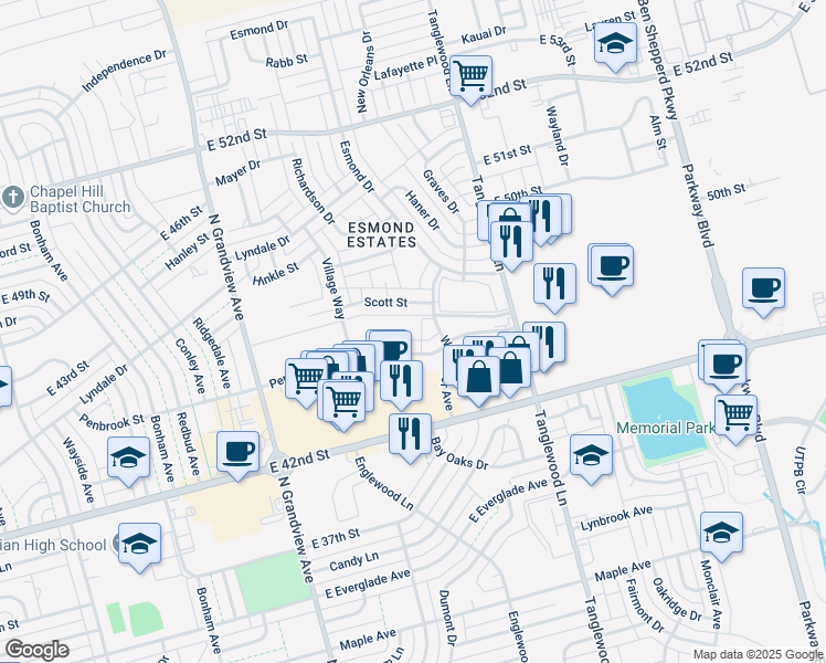 map of restaurants, bars, coffee shops, grocery stores, and more near 3965 Penbrook Street in Odessa