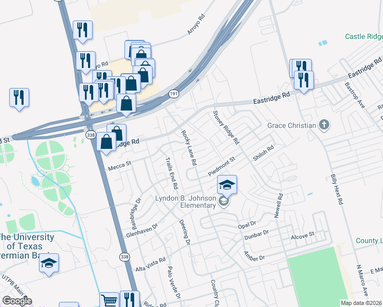map of restaurants, bars, coffee shops, grocery stores, and more near 3350 Rocky Lane Road in Odessa