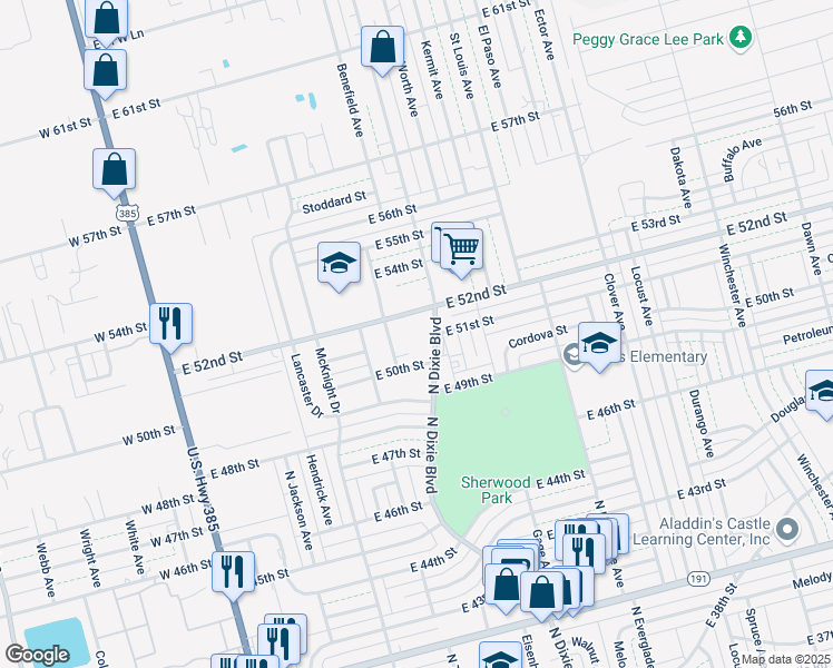 map of restaurants, bars, coffee shops, grocery stores, and more near 5012 Kingston Avenue in Odessa