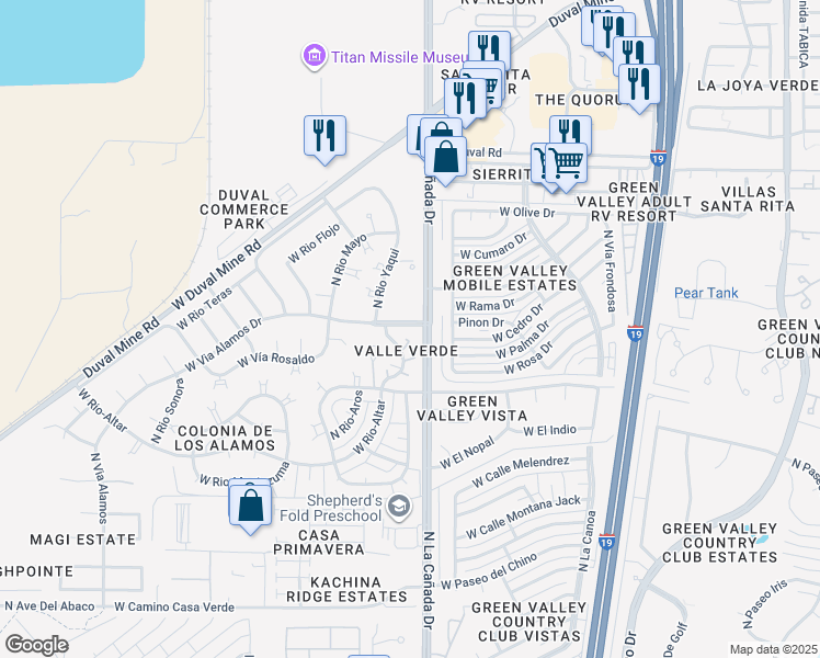 map of restaurants, bars, coffee shops, grocery stores, and more near 1576 North Pso La Tinaja in Green Valley