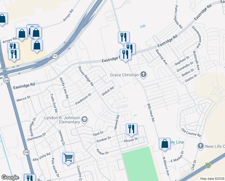 map of restaurants, bars, coffee shops, grocery stores, and more near 75 Shiloh Road in Odessa