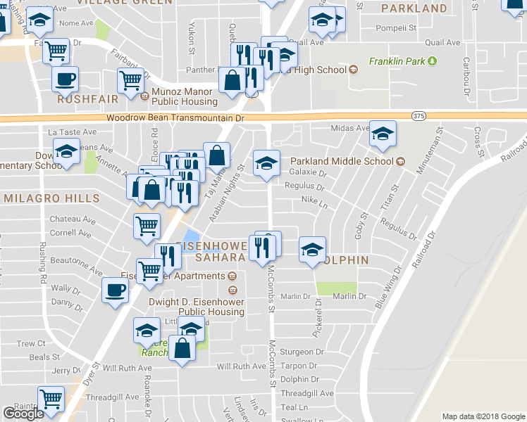 map of restaurants, bars, coffee shops, grocery stores, and more near 5748 Aladdin Avenue in El Paso