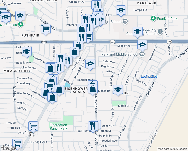 map of restaurants, bars, coffee shops, grocery stores, and more near 5748 Aladdin Avenue in El Paso