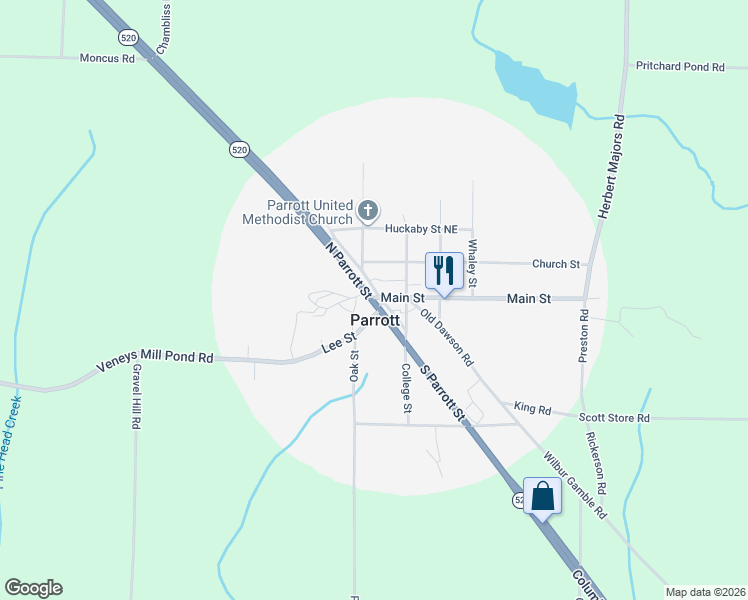 map of restaurants, bars, coffee shops, grocery stores, and more near Railroad Street Northeast in Parrott