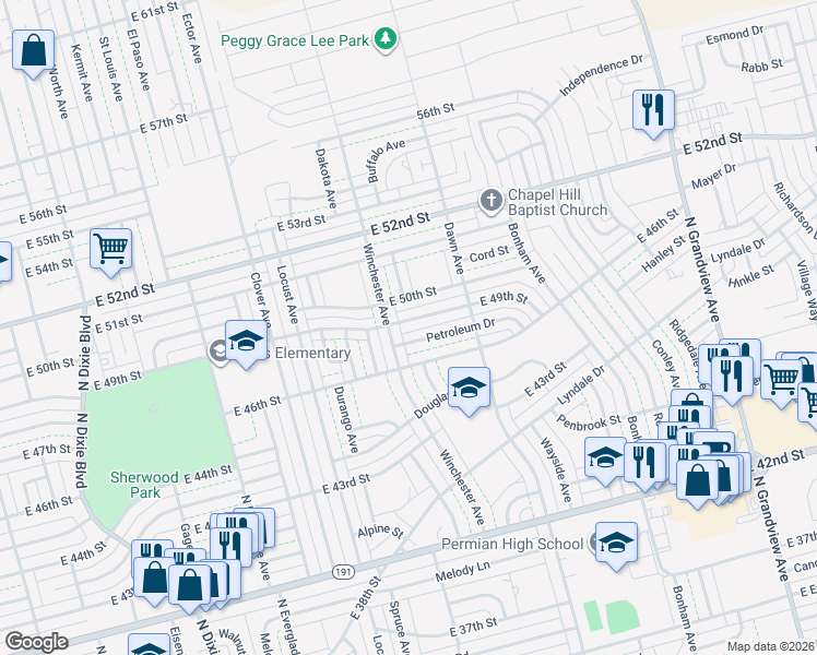 map of restaurants, bars, coffee shops, grocery stores, and more near 4900 Winchester Avenue in Odessa