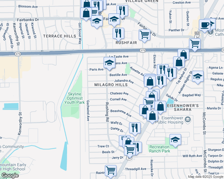 map of restaurants, bars, coffee shops, grocery stores, and more near 5200 Yvette Avenue in El Paso