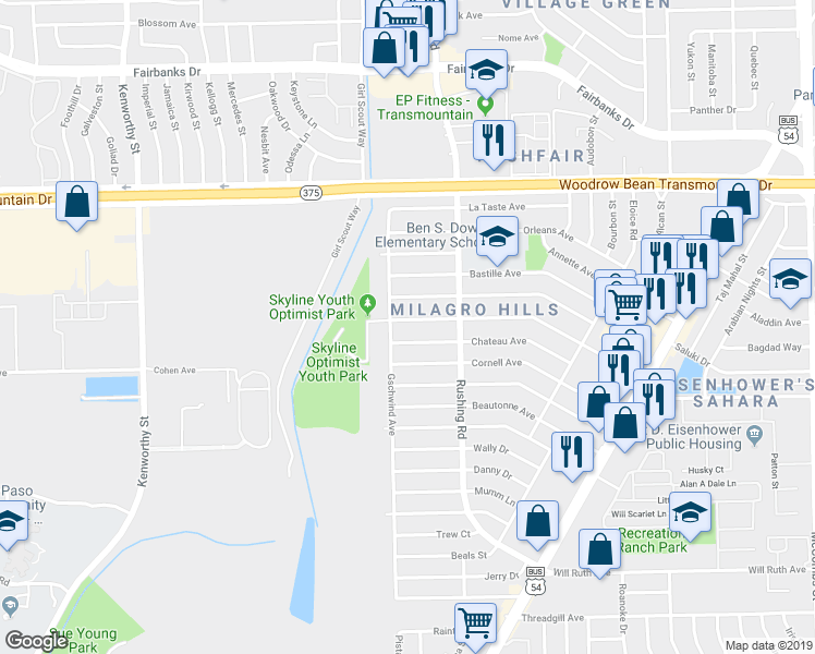 map of restaurants, bars, coffee shops, grocery stores, and more near 5120 Yvette Avenue in El Paso