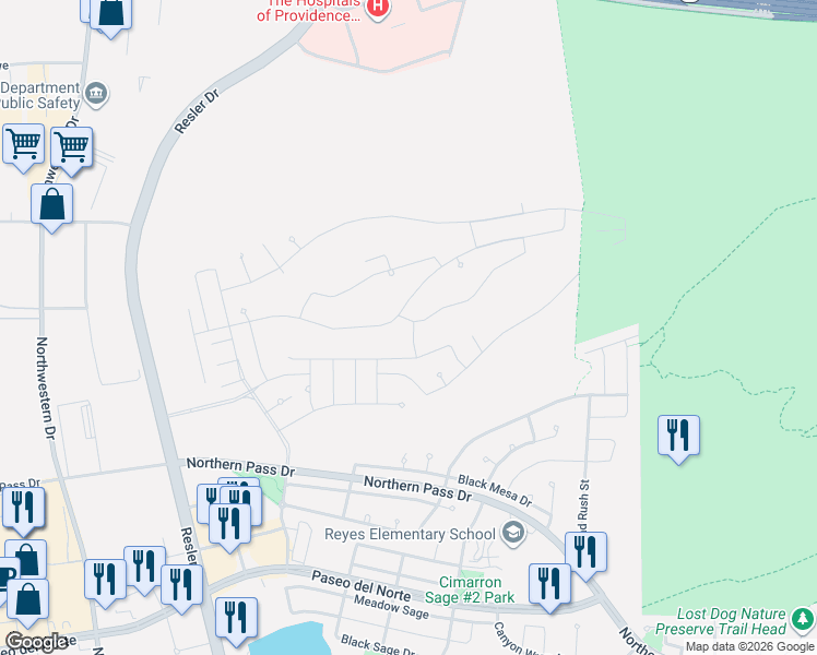 map of restaurants, bars, coffee shops, grocery stores, and more near 7372 Cimarron Gap Drive in El Paso