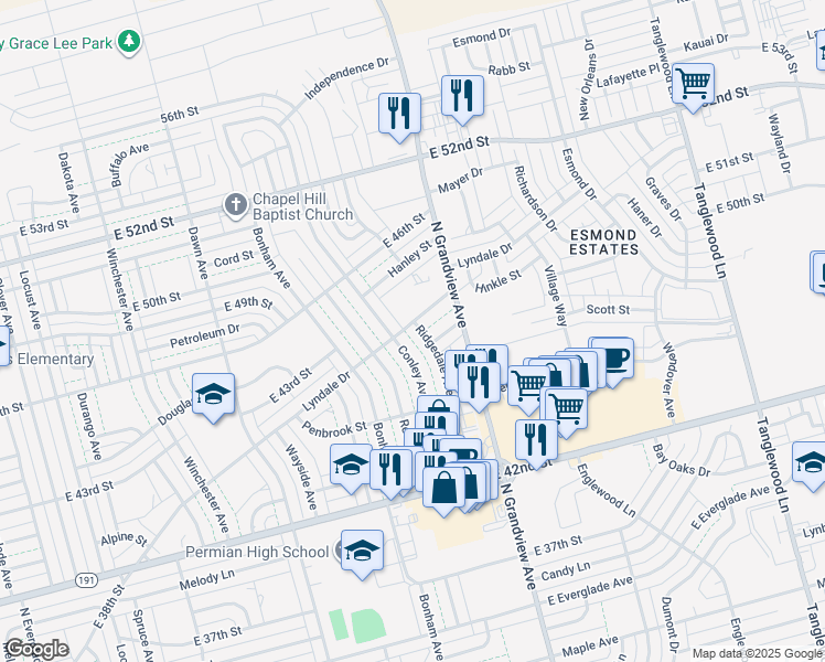 map of restaurants, bars, coffee shops, grocery stores, and more near 4361 Ridgedale Avenue in Odessa