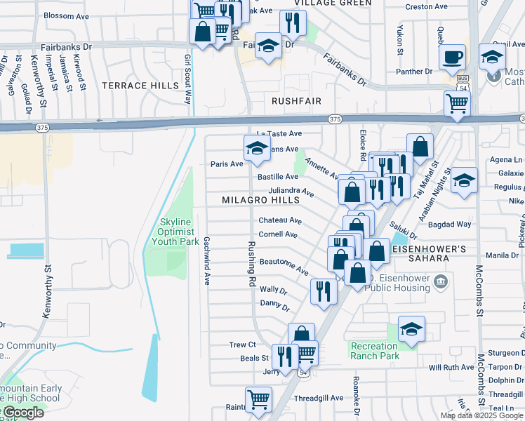 map of restaurants, bars, coffee shops, grocery stores, and more near 5200 Yvette Avenue in El Paso
