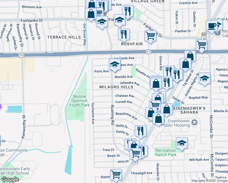 map of restaurants, bars, coffee shops, grocery stores, and more near 5200 Yvette Avenue in El Paso