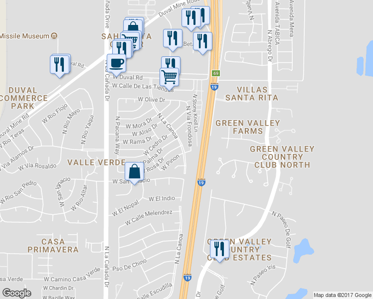 map of restaurants, bars, coffee shops, grocery stores, and more near 1640 North La Canoa in Green Valley