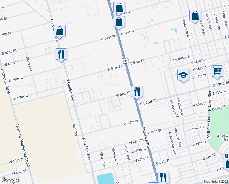 map of restaurants, bars, coffee shops, grocery stores, and more near 200 West 54th Street in Odessa