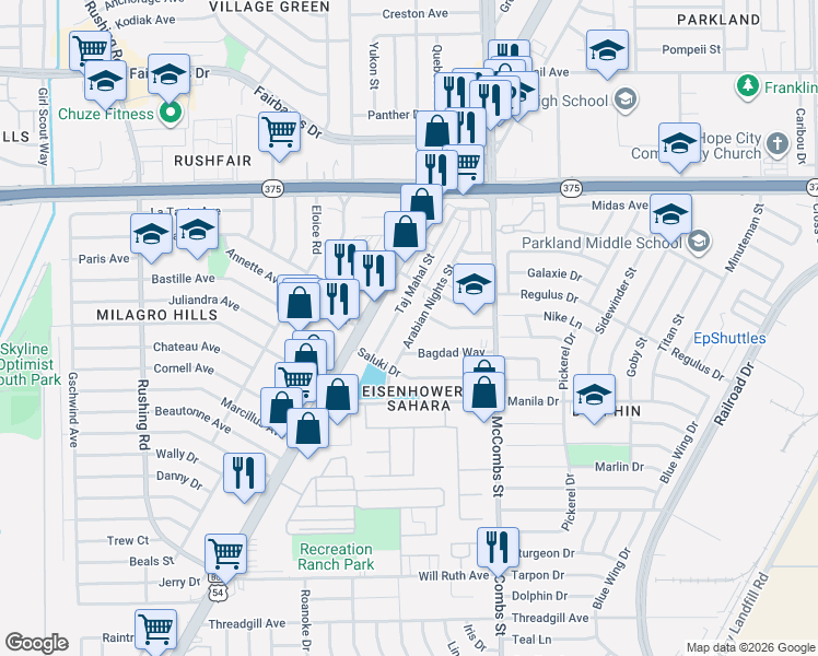 map of restaurants, bars, coffee shops, grocery stores, and more near 9853 Arabian Nights Street in El Paso