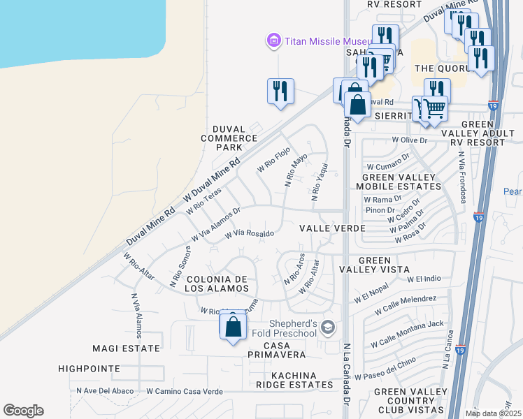 map of restaurants, bars, coffee shops, grocery stores, and more near 541 West Via Alamos Drive in Green Valley