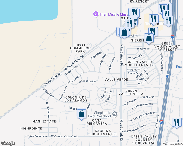 map of restaurants, bars, coffee shops, grocery stores, and more near 541 West Via Alamos Drive in Green Valley