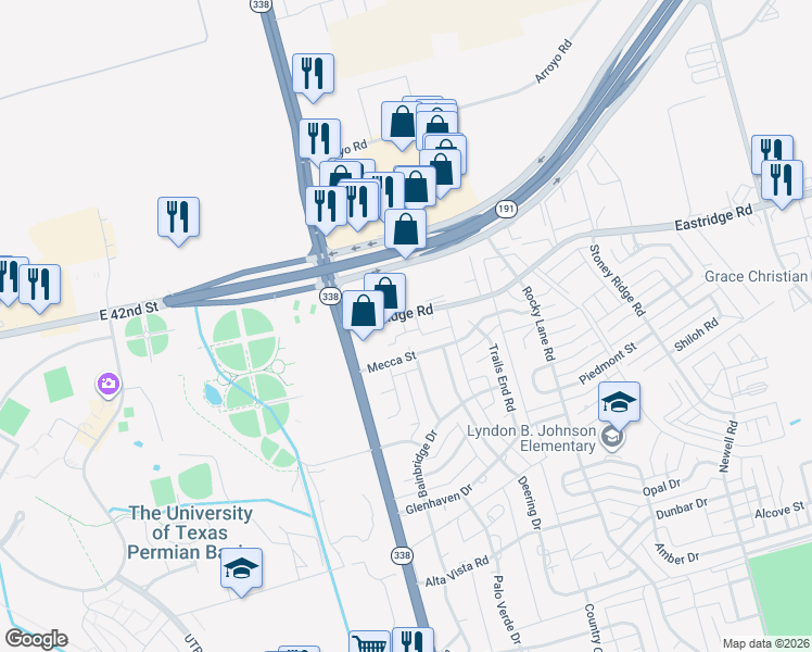 map of restaurants, bars, coffee shops, grocery stores, and more near 6104 Eastridge Road in Odessa