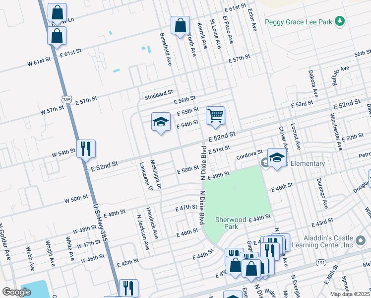 map of restaurants, bars, coffee shops, grocery stores, and more near 5012 Kingston Avenue in Odessa
