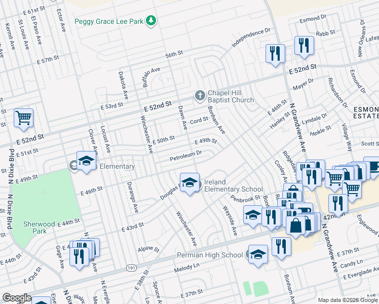 map of restaurants, bars, coffee shops, grocery stores, and more near 1725 Petroleum Drive in Odessa