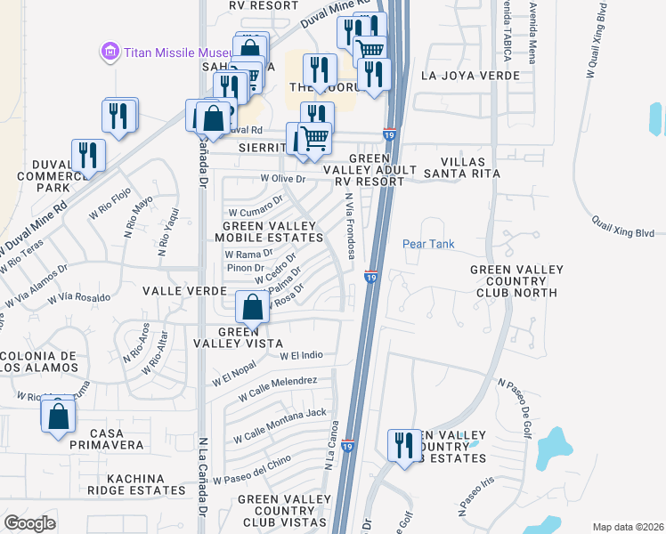 map of restaurants, bars, coffee shops, grocery stores, and more near 1640 North La Canoa in Green Valley