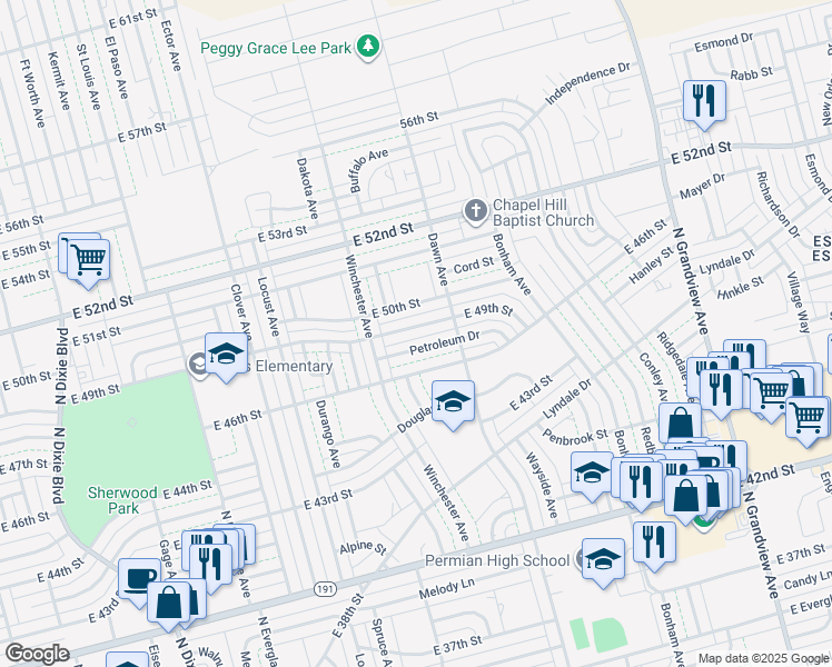map of restaurants, bars, coffee shops, grocery stores, and more near 1628 E 49th St in Odessa