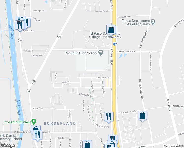 map of restaurants, bars, coffee shops, grocery stores, and more near 365 La Puesta Drive in El Paso