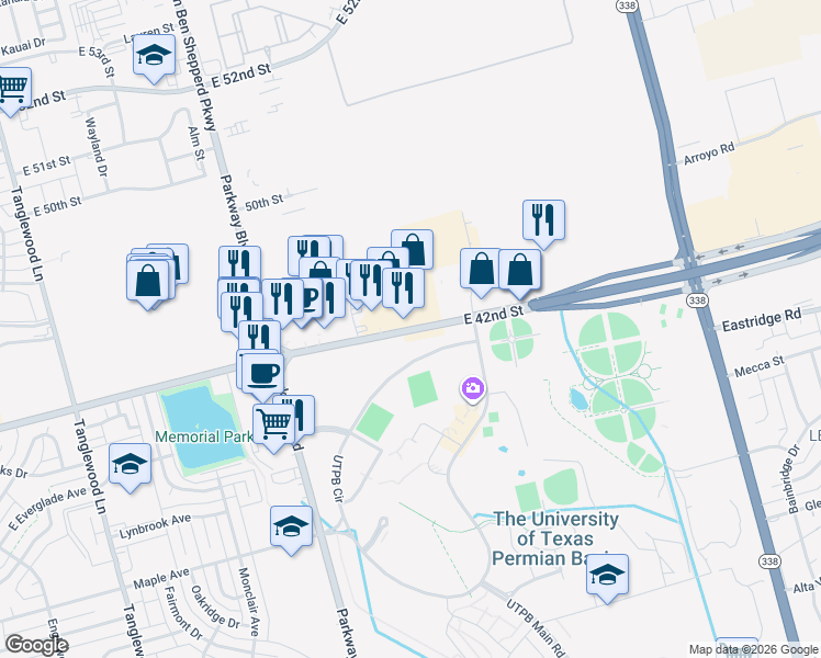 map of restaurants, bars, coffee shops, grocery stores, and more near 5161 East 42nd Street in Odessa