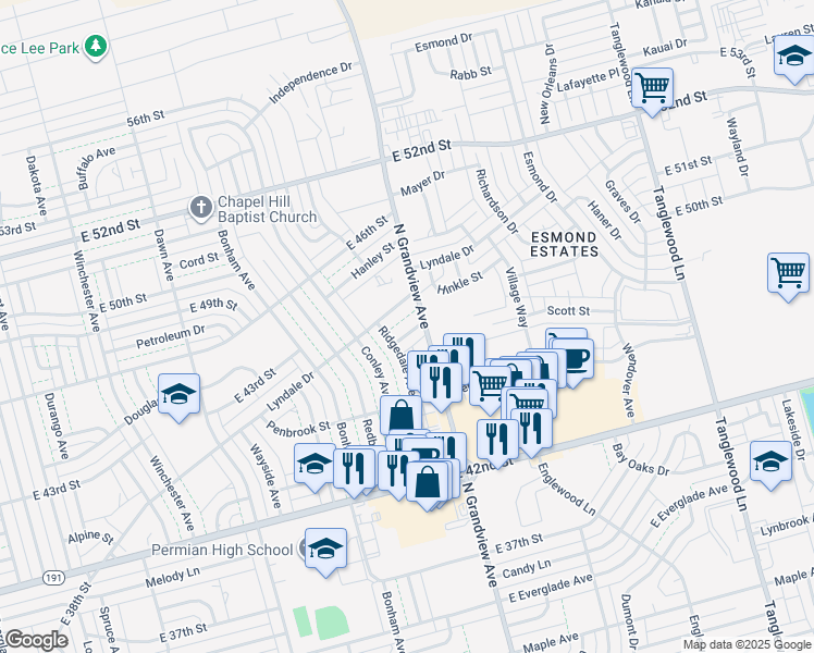 map of restaurants, bars, coffee shops, grocery stores, and more near 2215 Richmond Street in Odessa
