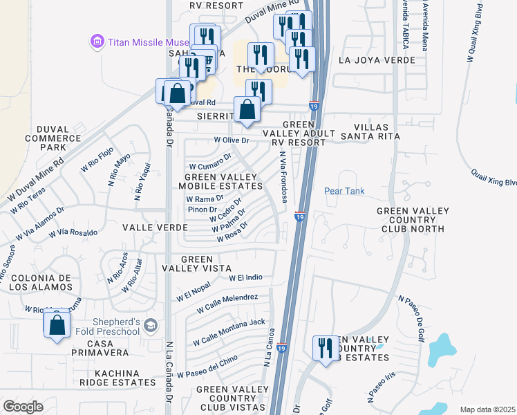 map of restaurants, bars, coffee shops, grocery stores, and more near 40 West Rosa Drive in Green Valley