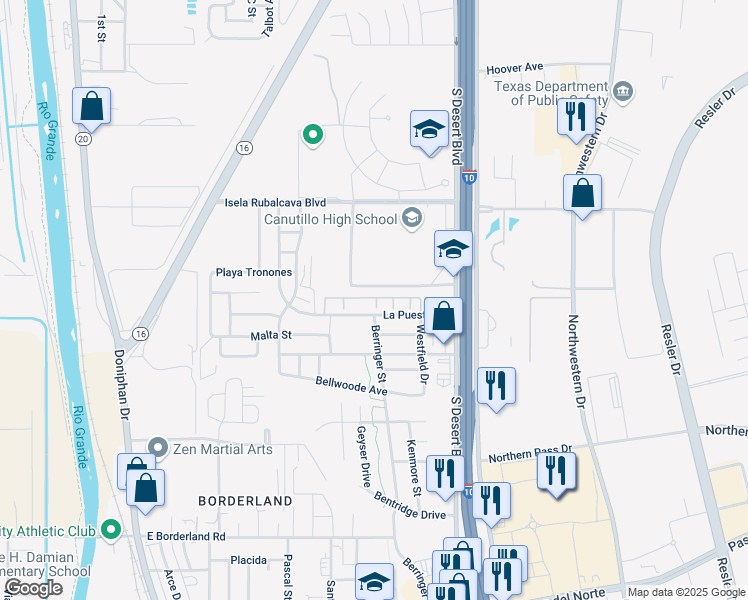 map of restaurants, bars, coffee shops, grocery stores, and more near 365 La Puesta Drive in El Paso