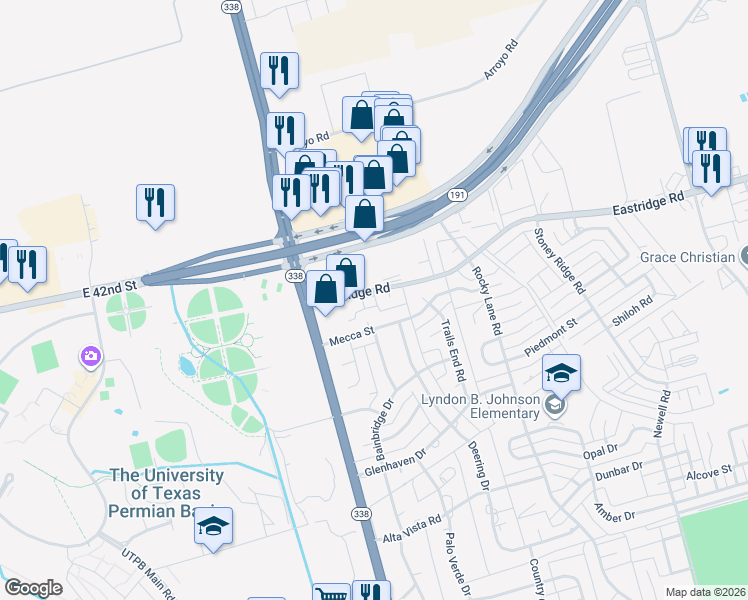 map of restaurants, bars, coffee shops, grocery stores, and more near 6210 Eastridge Road in Odessa