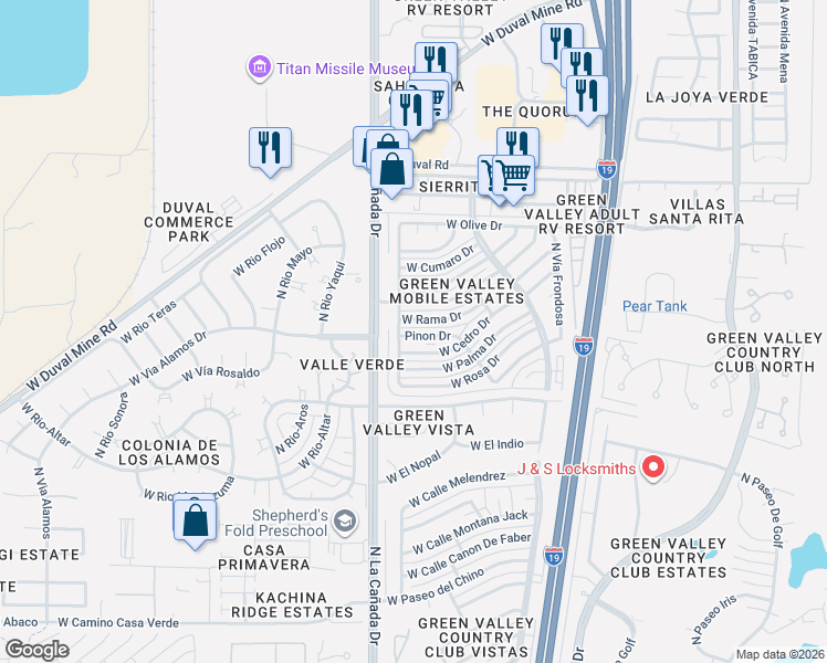 map of restaurants, bars, coffee shops, grocery stores, and more near 1617 North Pacana Way in Green Valley