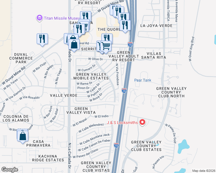 map of restaurants, bars, coffee shops, grocery stores, and more near 40 West Rosa Drive in Green Valley