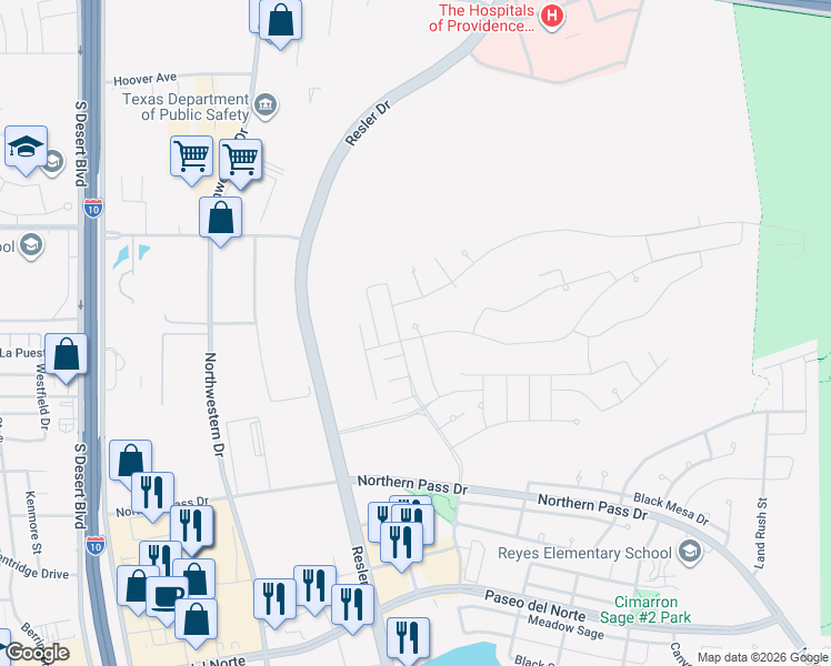 map of restaurants, bars, coffee shops, grocery stores, and more near 1789 Sidesaddle Drive in El Paso