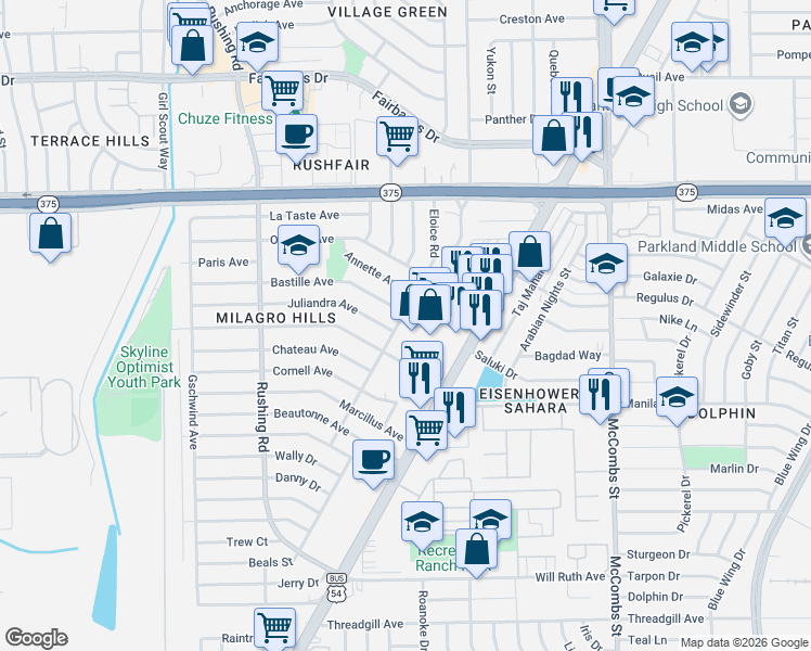 map of restaurants, bars, coffee shops, grocery stores, and more near 9820 Eloice Road in El Paso