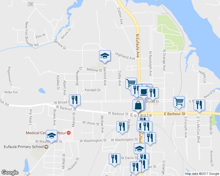 map of restaurants, bars, coffee shops, grocery stores, and more near 207 Sanford Ave in Eufaula