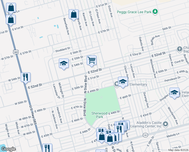 map of restaurants, bars, coffee shops, grocery stores, and more near 1125 East 51st Street in Odessa