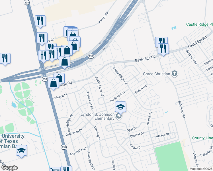 map of restaurants, bars, coffee shops, grocery stores, and more near 6420 San Mateo Lane in Odessa